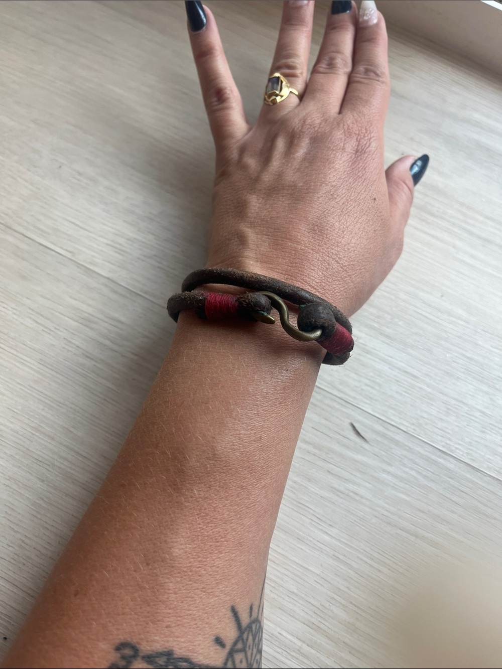Brown & Red Leather Wrap Bracelet with Antique Brass Hook